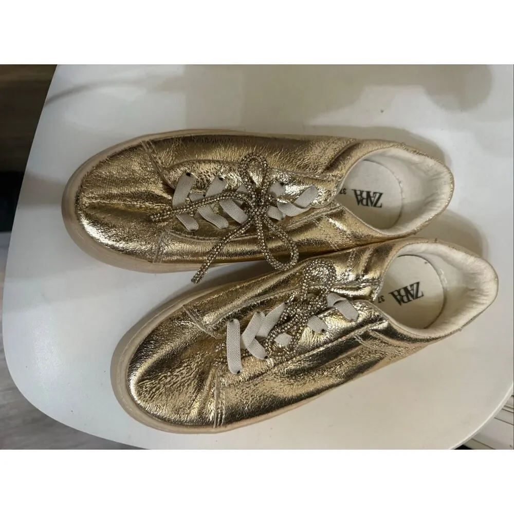 Zara Women's Lace Up Low Top Metallic Bow Faux Leather Sneakers Gold Sz 37 NWOT